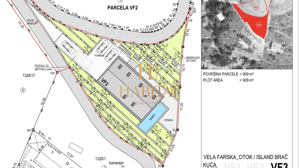 Otok Brac , Vela Farska , 70m do mora , gradjevinska parcela 897m2 sa projektom , gradjevinska dozvola , jedinstvena pozicija