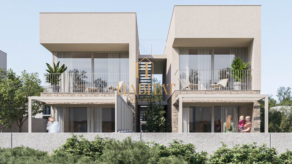 Istra, Karigador, moderno dvoetažno stanovanje, 3SS+DB, pogled na morje, dvorišče, dve parkirni mesti, strešna terasa