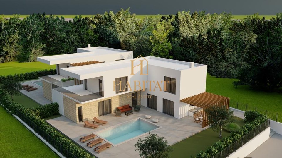 Istria, Labinci, building plot 1201m2, project for DUPLEX, 2 swimming pools, sea view, building permit, all infrastructure