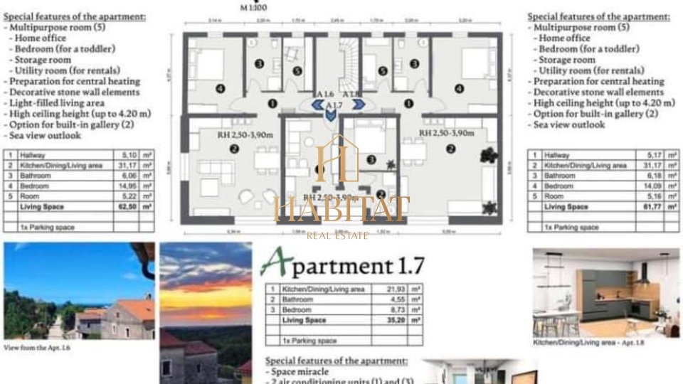 Istrien, Buje, Wohnung 62m2, 1 Schlafzimmer + Wohnzimmer, Meerblick